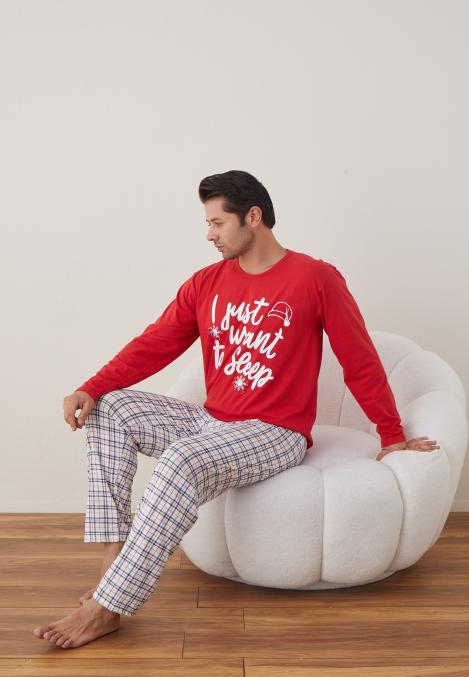 Pijama barbati Craciun , maneca lunga ,pantaloni lungi,Culoare Rosu ,Engros